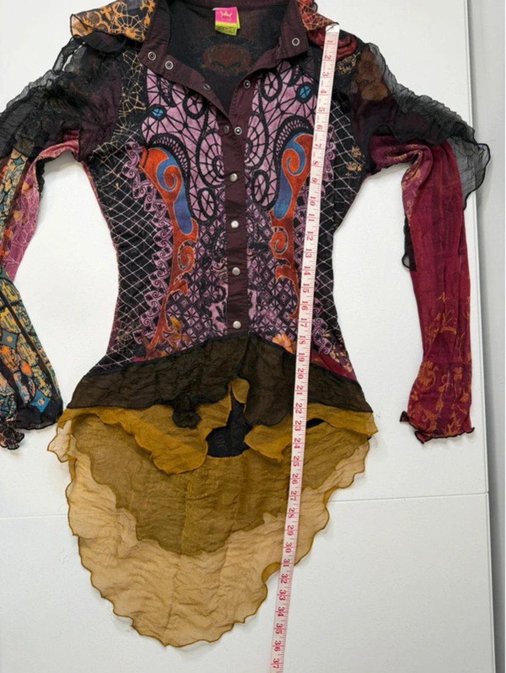Save the Queen Vintage Gothic Stained Glass Patchwork Shirt Y2K Mesh Ruffle Hem - Picture 6 of 10